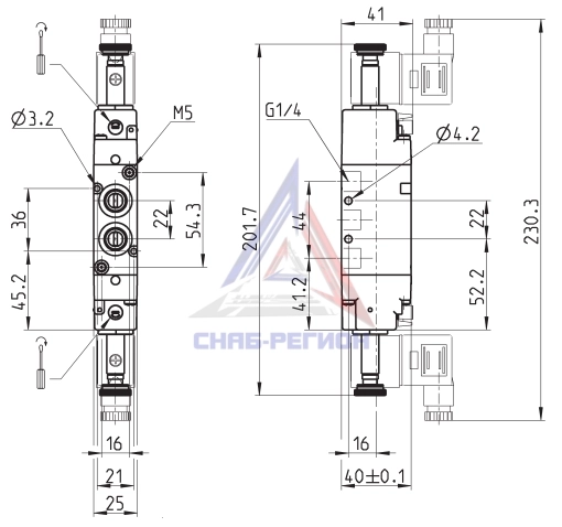 Габаритные размеры пневмораспределителя Camozzi 334D-E15-02 Габаритные размеры пневмораспределителя Camozzi 334D-E15-02