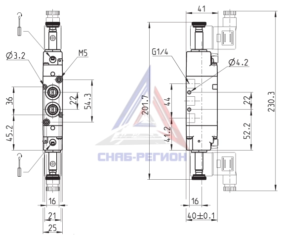 Габаритные размеры пневмораспределителя Camozzi 344D-E15-02 Габаритные размеры пневмораспределителя Camozzi 344D-E15-02