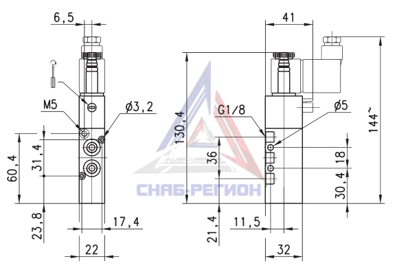 Габаритные размеры пневмораспределителя Camozzi 358-015-02S01 Габаритные размеры пневмораспределителя Camozzi 358-015-02S01