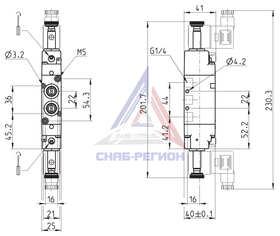 Габаритные размеры пневмораспределителя Camozzi 394D-E15-02 Габаритные размеры пневмораспределителя Camozzi 394D-E15-02