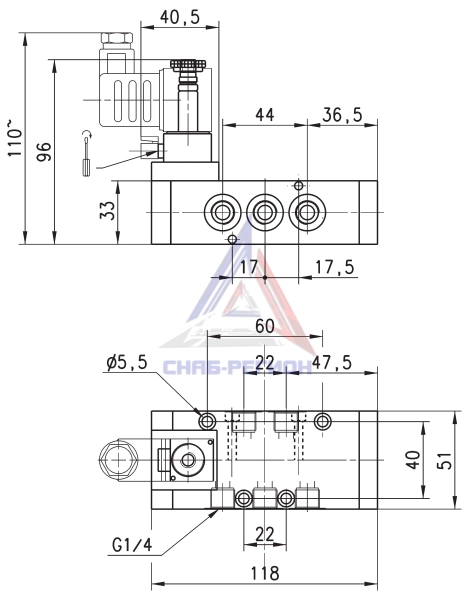 Габаритные размеры пневмораспределителя Camozzi 454-V16-22
