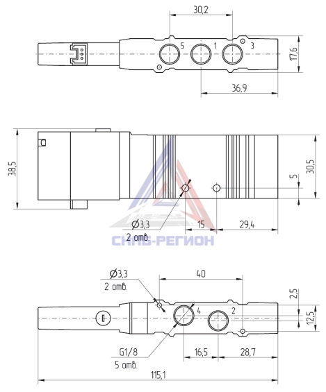 Габаритные размеры пневмораспределителя Camozzi HL2EVA-M Габаритные размеры пневмораспределителя Camozzi HL2EVA-M