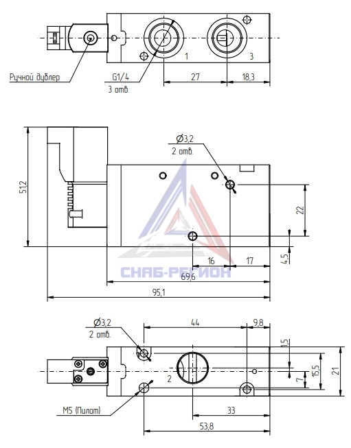 Габаритные размеры пневмораспределителя Camozzi HS32-PED3-G14-3C-1000 Габаритные размеры пневмораспределителя Camozzi HS32-PED3-G14-3C-1000