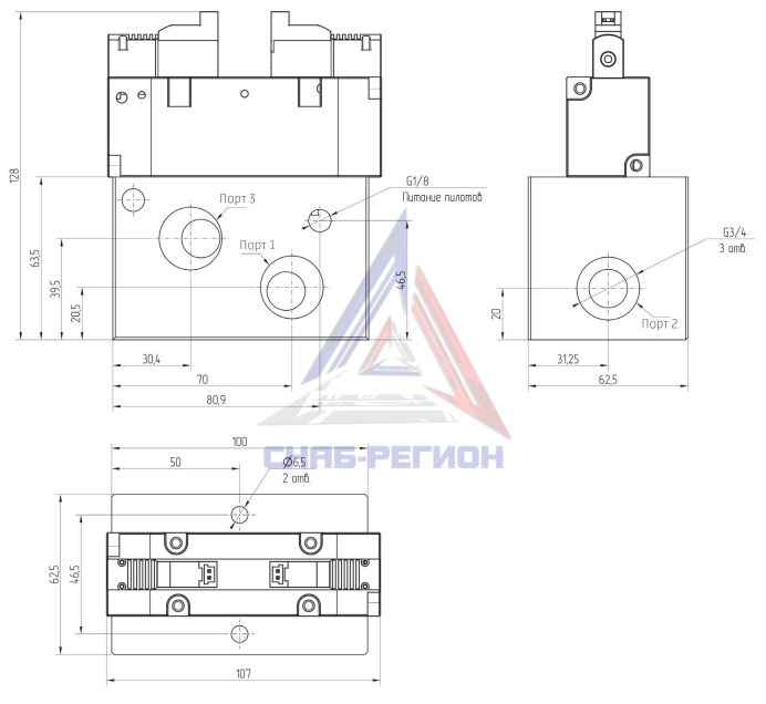 Габаритные размеры пневмораспределителя Camozzi HS32-PED3-G34-3C-1000 Габаритные размеры пневмораспределителя Camozzi HS32-PED3-G34-3C-1000