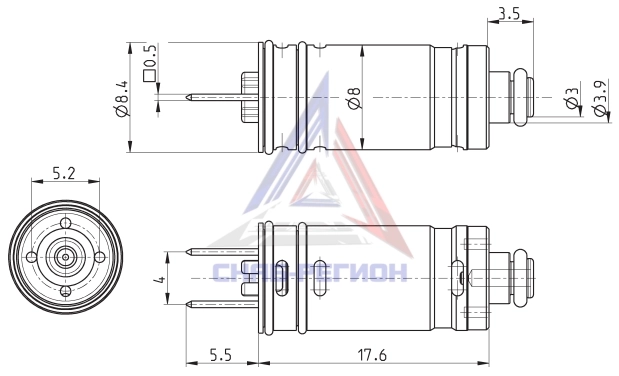 Габаритные размеры пневмораспределителя Camozzi K8000-303-K21 Габаритные размеры пневмораспределителя Camozzi K8000-303-K21
