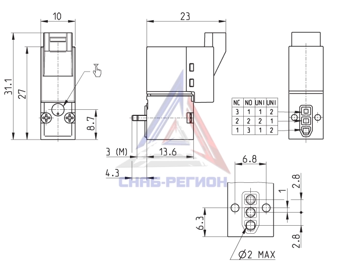 Габаритные размеры пневмораспределителя Camozzi KN000-303-KB3 Габаритные размеры пневмораспределителя Camozzi KN000-303-KB3