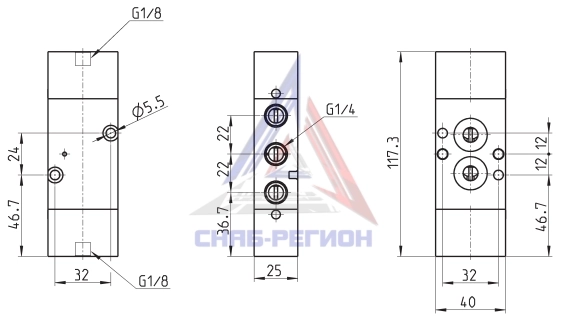 Габаритные размеры пневмораспределителя Camozzi NA74N-33