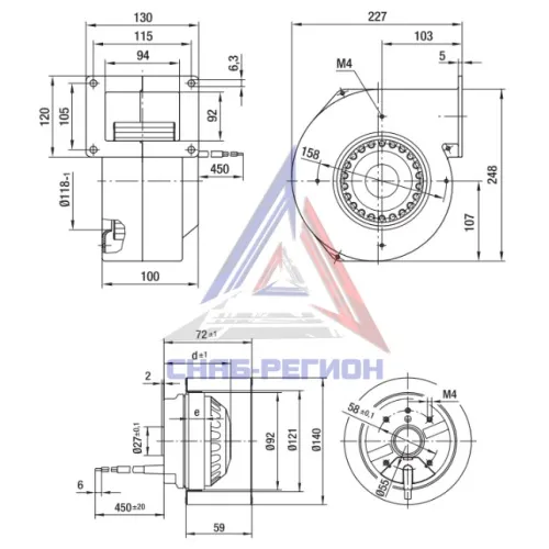 Габаритный чертёж центробежного компактного вентилятора G2E140AL4001 Эбм