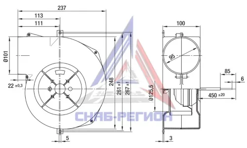 Габаритный чертёж центробежного компактного вентилятора G2E140NS3801 Эбм