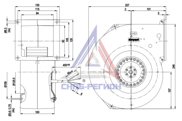 Габаритный чертёж центробежного компактного вентилятора G2E146DW0701 Эбм
