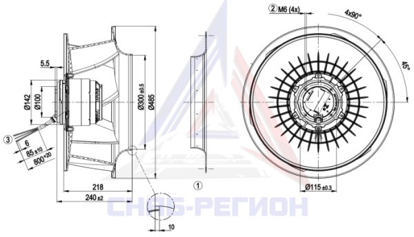 Габаритный чертёж центробежного компактного вентилятора R4D450-RH01-01 Эбм