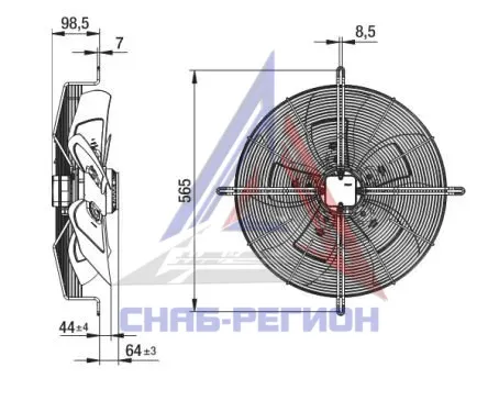 Габаритный чертёж осевого вентилятора S6D500-AH03-02 Эбм Габаритный чертёж осевого вентилятора S6D500-AH03-02 Эбм