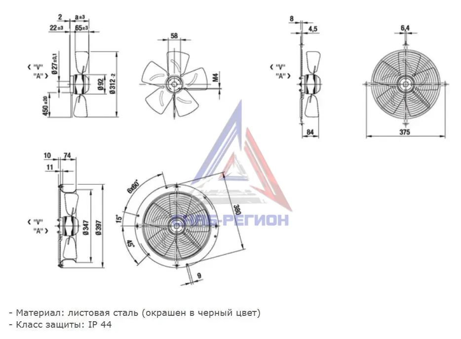 Габаритный чертёж осевого вентилятора W4E315-CA05-02 Эбм