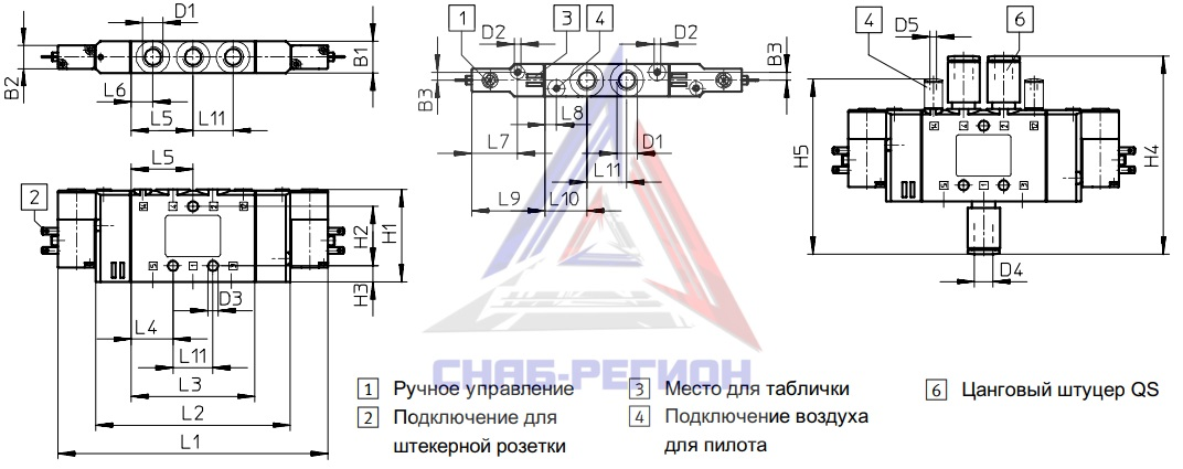 Габаритные размеры пневмораспределителя Festo CPE24-M3H-5JS-3/8 Габаритные размеры пневмораспределителя Festo CPE24-M3H-5JS-3/8