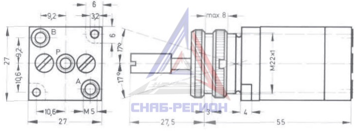 Габаритные размеры пневмораспределителя Festo H-4/3-M5 Габаритные размеры пневмораспределителя Festo H-4/3-M5