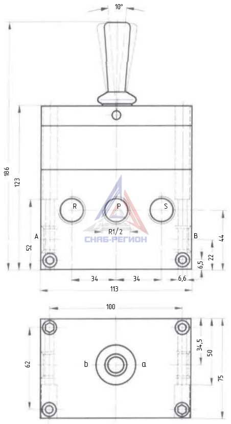 Габаритные размеры пневмораспределителя Festo H-5/3-1/2 Габаритные размеры пневмораспределителя Festo H-5/3-1/2