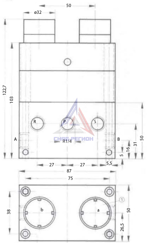 Габаритные размеры пневмораспределителя Festo T-5/3-1/4 Габаритные размеры пневмораспределителя Festo T-5/3-1/4