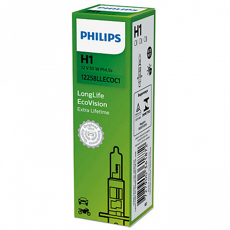 Автолампа H1/P14.5s 12V 55W PHILIPS LongLife EcoVision галоген 3200К 12258LLECOC1 Автолампа H1/P14.5s 12V 55W PHILIPS LongLife EcoVision галоген 3200К 12258LLECOC1